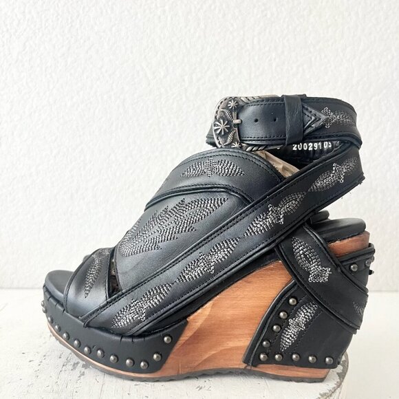 Lane Boots LEXINGTON Womens Black Wedges 6 Western Sandals Cowgirl Wooden Heel - Picture 4 of 11